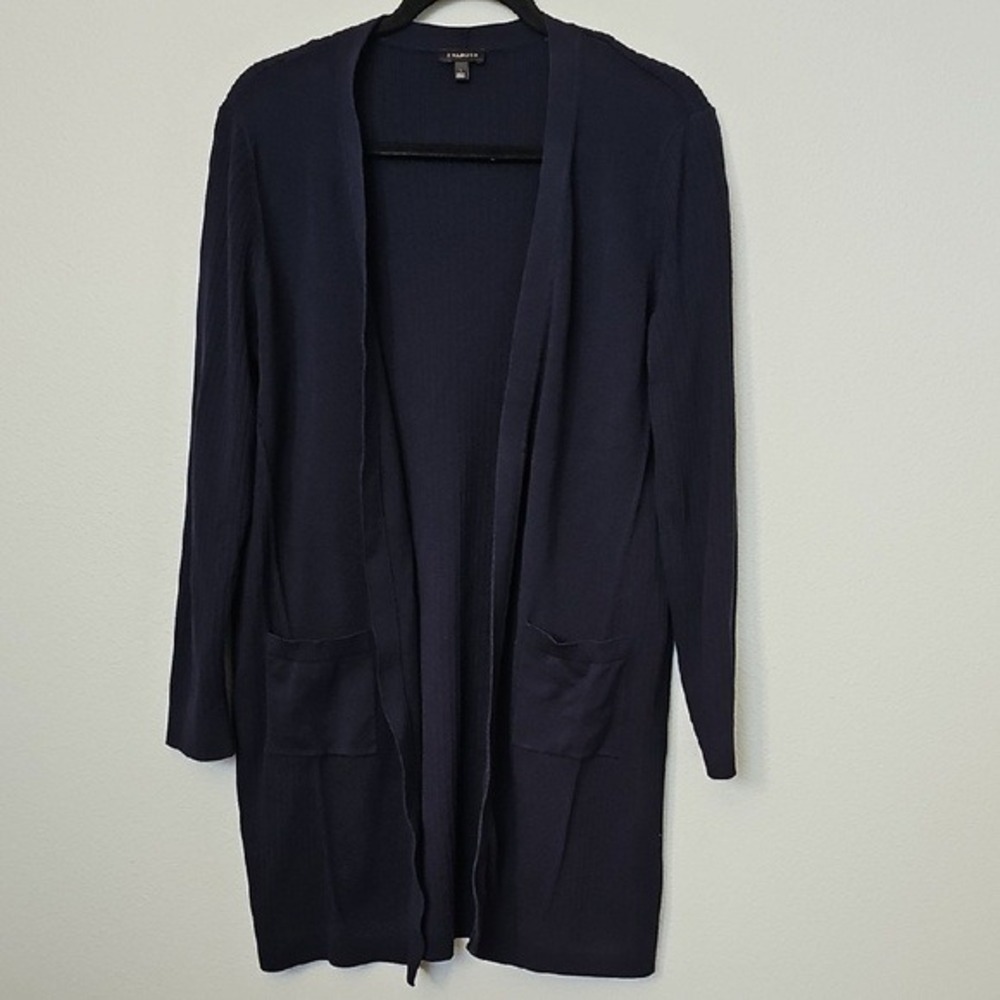 Talbots Classy Casual Ribbed Longline Navy Blue Open Front Pima Cardigan Large - Picture 2 of 8